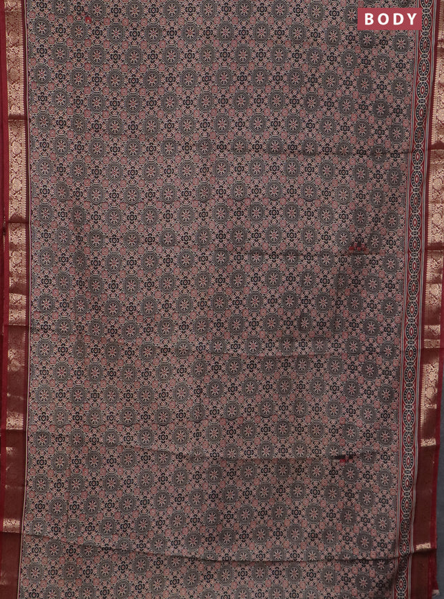 Semi maheswari cotton saree black and maroon with allover ajrak prints and zari woven border