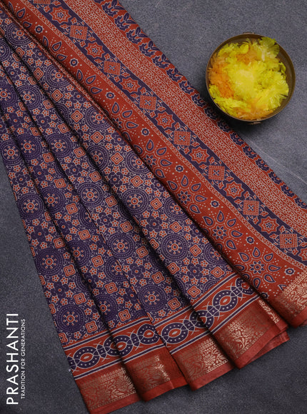 Semi maheswari cotton saree purple and rust shade with allover ajrak prints and zari woven border