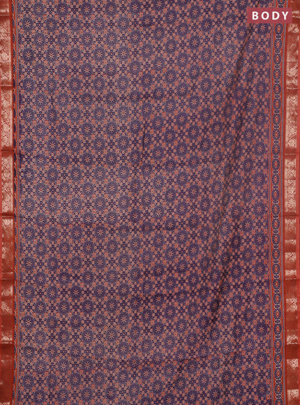 Semi maheswari cotton saree purple and rust shade with allover ajrak prints and zari woven border
