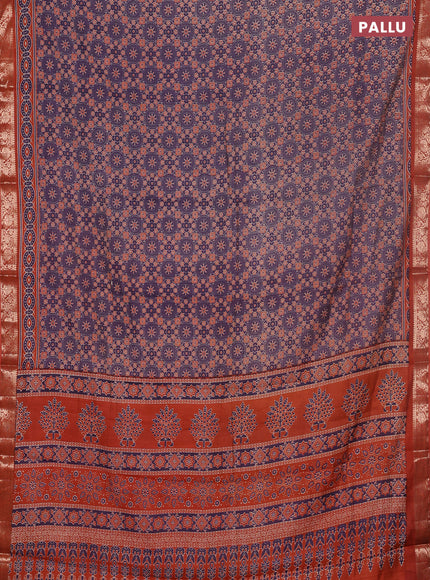 Semi maheswari cotton saree purple and rust shade with allover ajrak prints and zari woven border