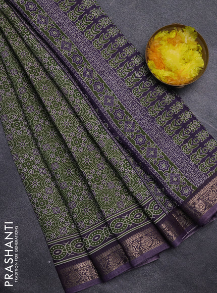 Semi maheswari cotton saree sap green and purple with allover ajrak prints and zari woven border