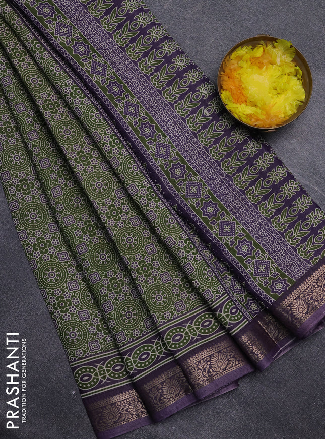 Semi maheswari cotton saree sap green and purple with allover ajrak prints and zari woven border