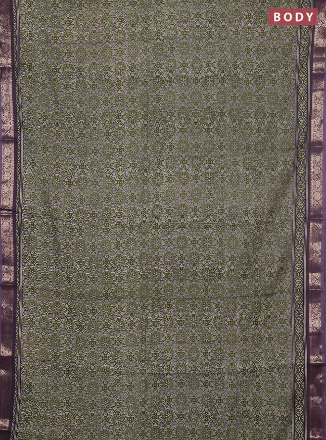 Semi maheswari cotton saree sap green and purple with allover ajrak prints and zari woven border
