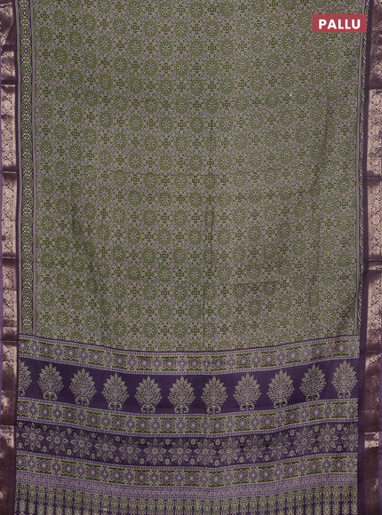 Semi maheswari cotton saree sap green and purple with allover ajrak prints and zari woven border