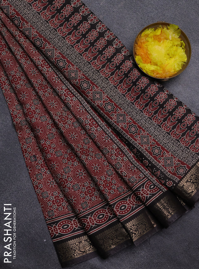 Semi maheswari cotton saree maroon and coffee brown with allover ajrak prints and zari woven border