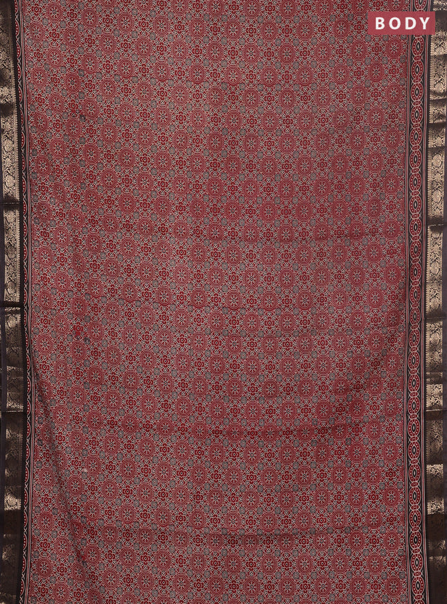 Semi maheswari cotton saree maroon and coffee brown with allover ajrak prints and zari woven border