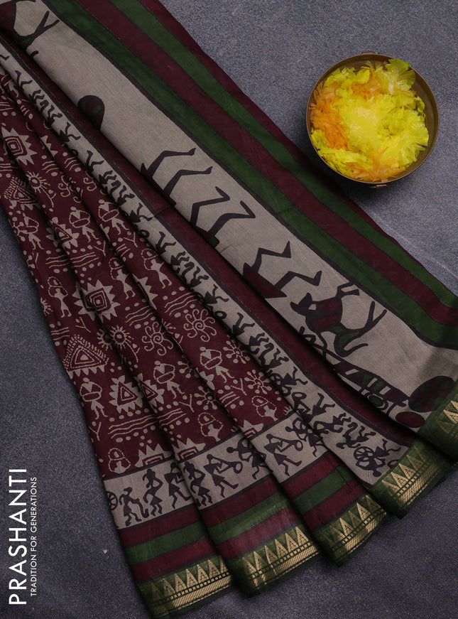 Semi maheswari cotton saree deep maroon and sap green with allover warli prints and zari woven border