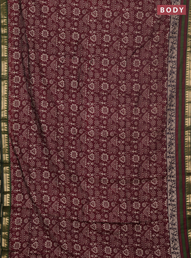 Semi maheswari cotton saree deep maroon and sap green with allover warli prints and zari woven border
