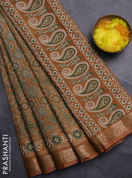 Semi maheswari cotton saree mustard yellow with allover ajrak prints and zari woven border