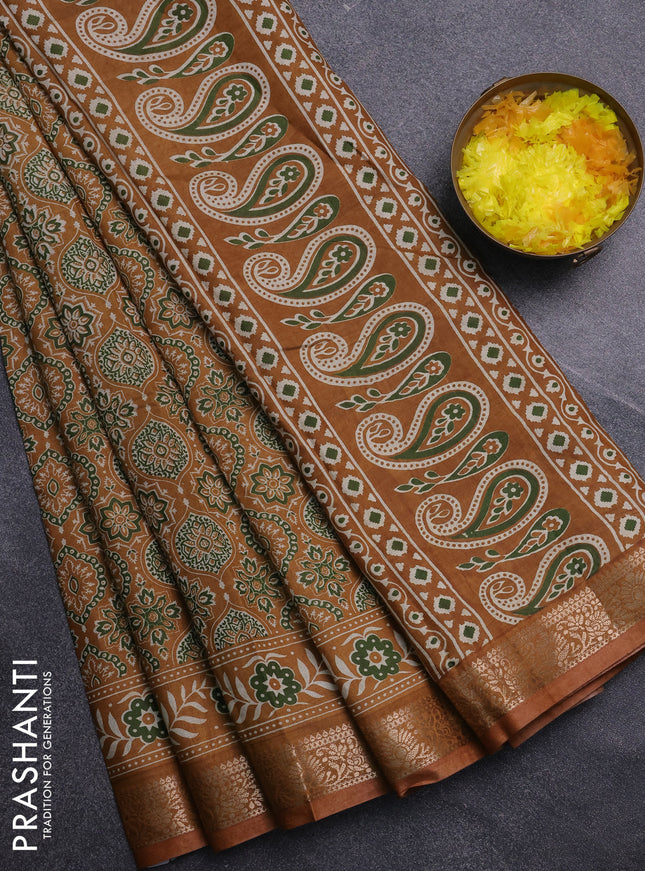 Semi maheswari cotton saree mustard yellow with allover ajrak prints and zari woven border
