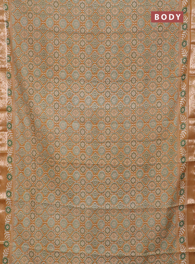 Semi maheswari cotton saree mustard yellow with allover ajrak prints and zari woven border