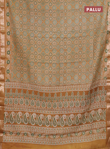 Semi maheswari cotton saree mustard yellow with allover ajrak prints and zari woven border