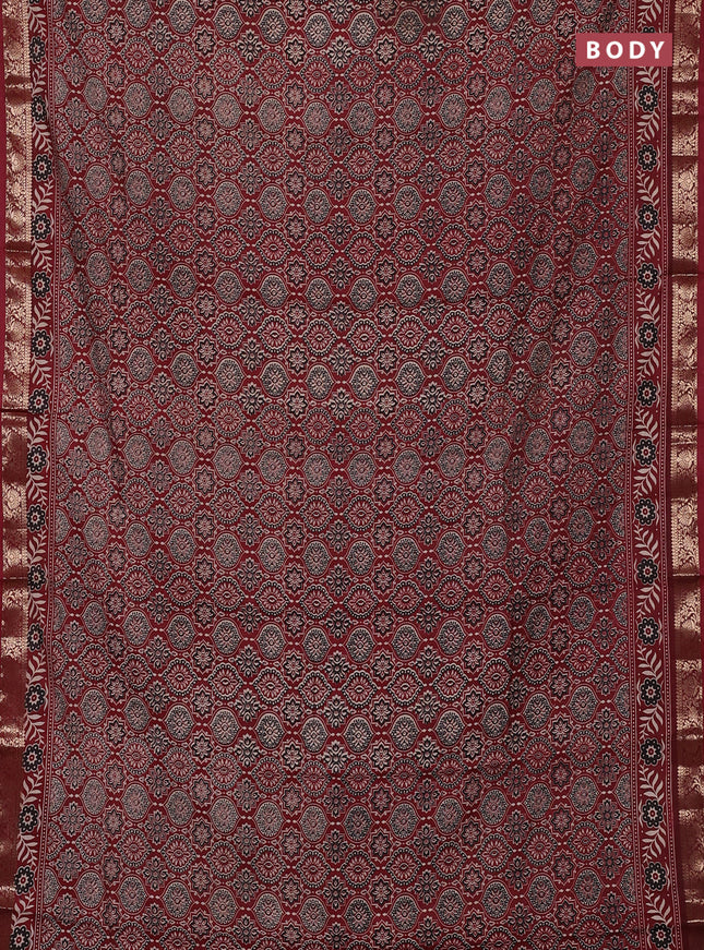 Semi maheswari cotton saree maroon with allover ajrak prints and zari woven border