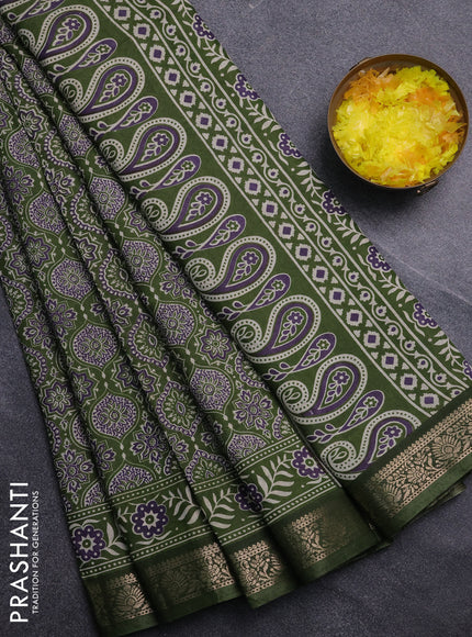 Semi maheswari cotton saree sap green with allover ajrak prints and zari woven border
