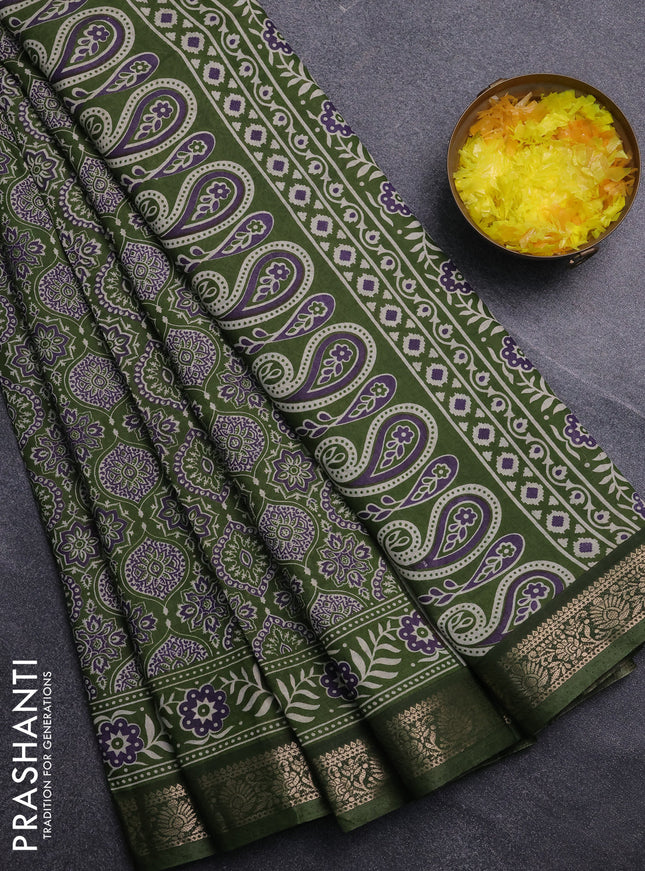 Semi maheswari cotton saree sap green with allover ajrak prints and zari woven border