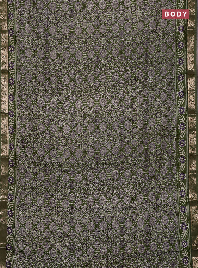 Semi maheswari cotton saree sap green with allover ajrak prints and zari woven border
