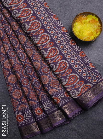 Semi maheswari cotton saree jamun shade with allover ajrak prints and zari woven border