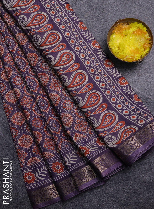 Semi maheswari cotton saree jamun shade with allover ajrak prints and zari woven border