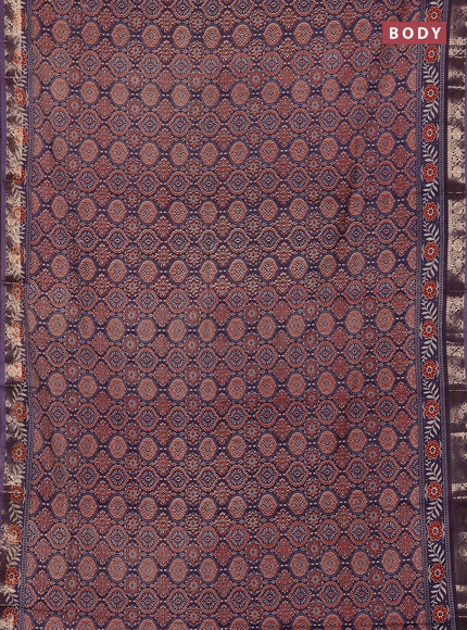 Semi maheswari cotton saree jamun shade with allover ajrak prints and zari woven border