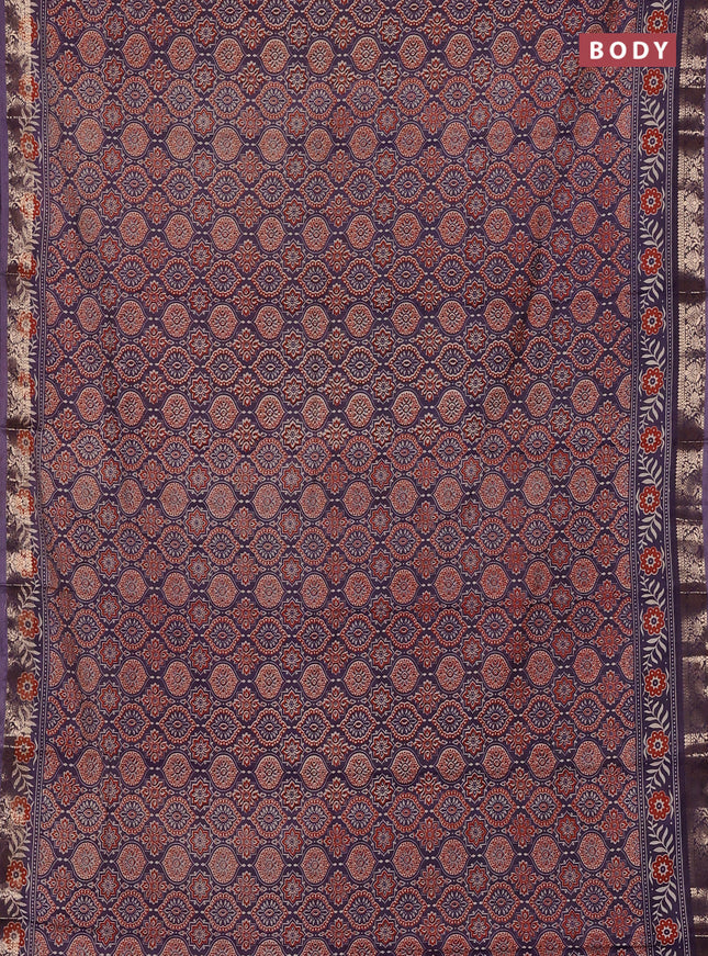 Semi maheswari cotton saree jamun shade with allover ajrak prints and zari woven border