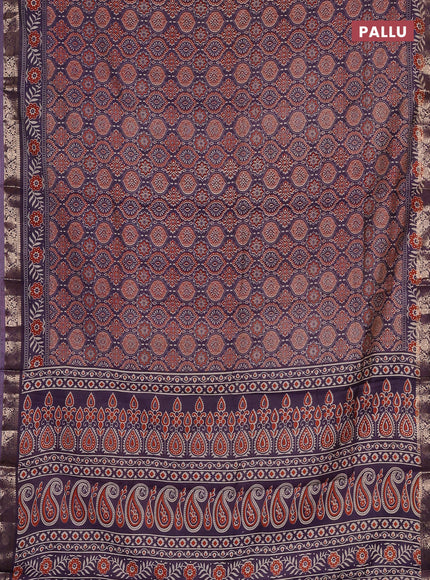 Semi maheswari cotton saree jamun shade with allover ajrak prints and zari woven border