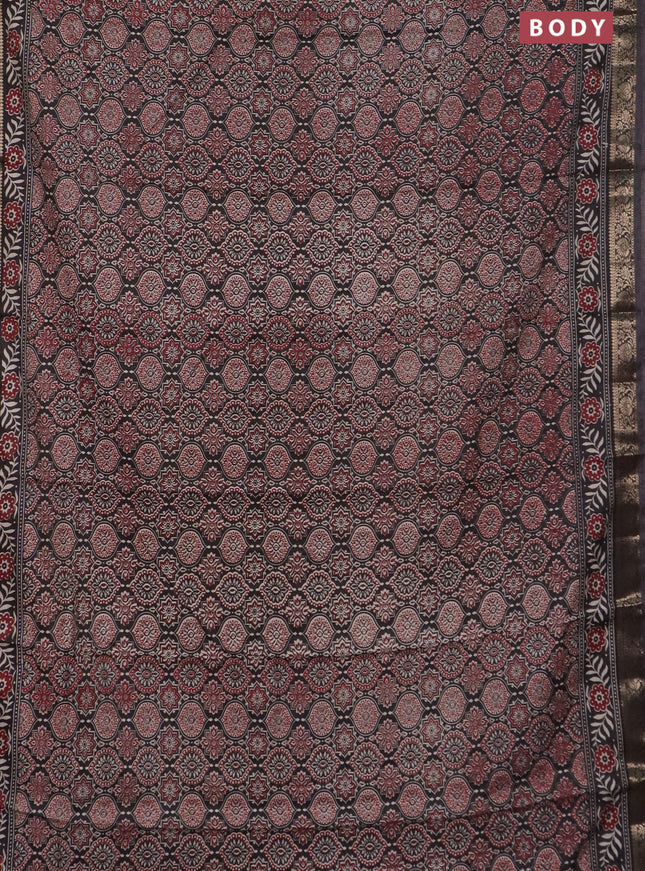 Semi maheswari cotton saree black with allover ajrak prints and zari woven border