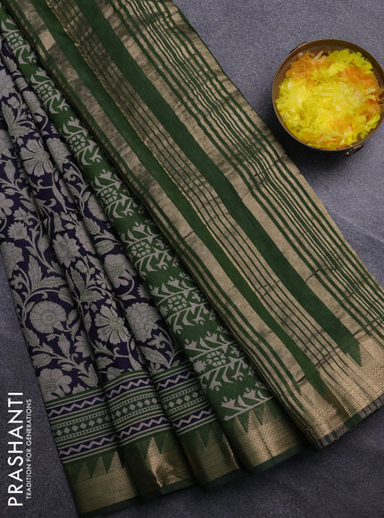 Semi maheswari cotton saree navy blue and sap green with allover prints and zari woven border