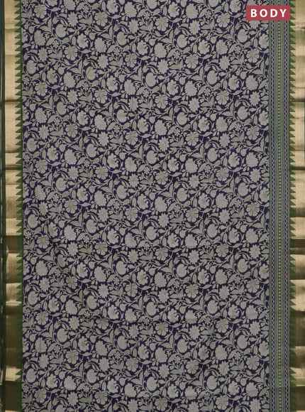 Semi maheswari cotton saree navy blue and sap green with allover prints and zari woven border
