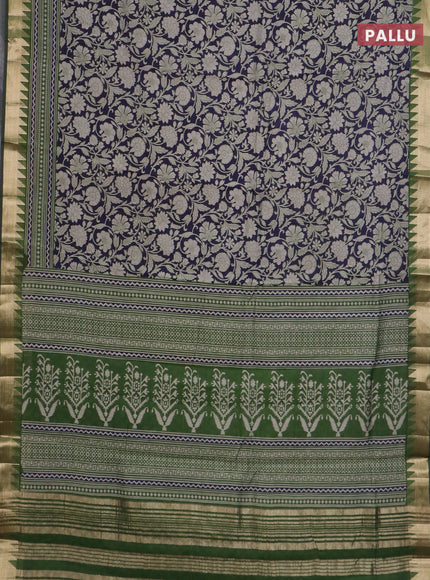Semi maheswari cotton saree navy blue and sap green with allover prints and zari woven border