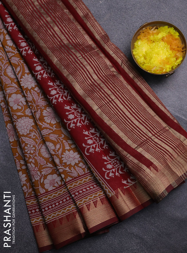 Semi maheswari cotton saree mustard yellow and maroon with allover prints and zari woven border