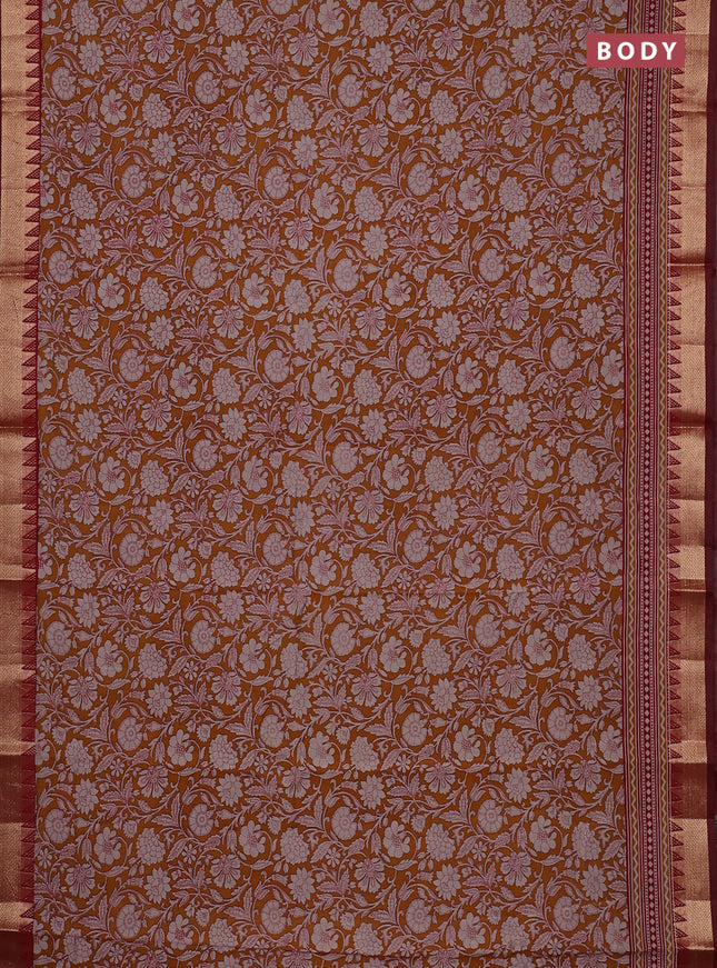 Semi maheswari cotton saree mustard yellow and maroon with allover prints and zari woven border