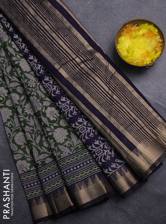 Semi maheswari cotton saree sap green and navy blue with allover prints and zari woven border