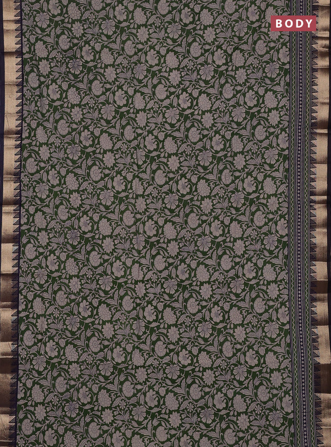 Semi maheswari cotton saree sap green and navy blue with allover prints and zari woven border