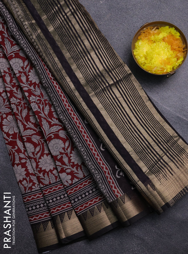 Semi maheswari cotton saree maroon and coffee brown with allover prints and zari woven border