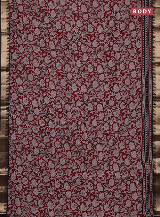 Semi maheswari cotton saree maroon and coffee brown with allover prints and zari woven border