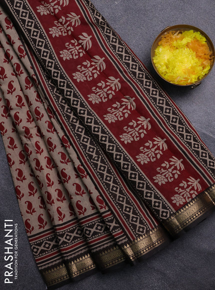 Semi maheswari cotton saree beige maroon and black with allover butta prints and zari woven border