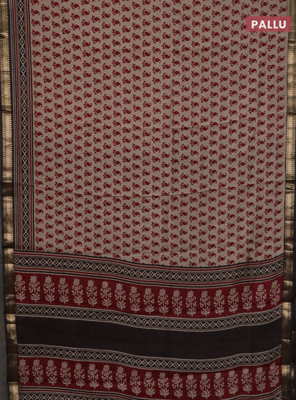 Semi maheswari cotton saree beige maroon and black with allover butta prints and zari woven border
