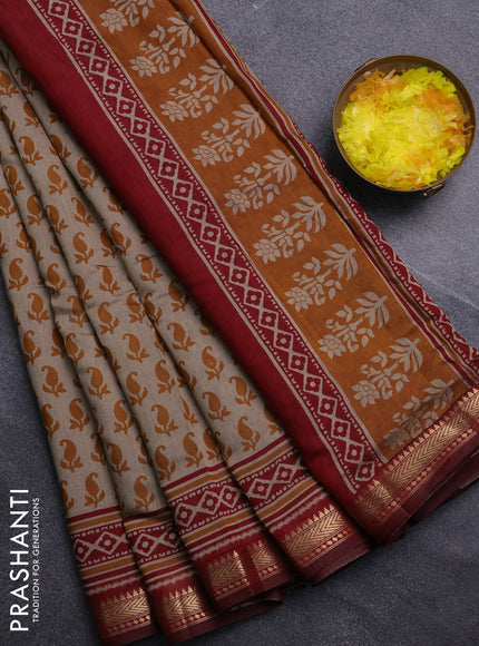 Semi maheswari cotton saree beige mustard yellow and maroon with allover butta prints and zari woven border