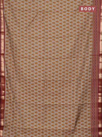 Semi maheswari cotton saree beige mustard yellow and maroon with allover butta prints and zari woven border