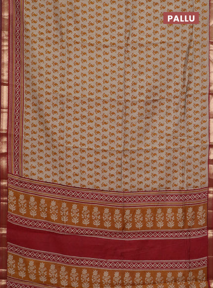 Semi maheswari cotton saree beige mustard yellow and maroon with allover butta prints and zari woven border