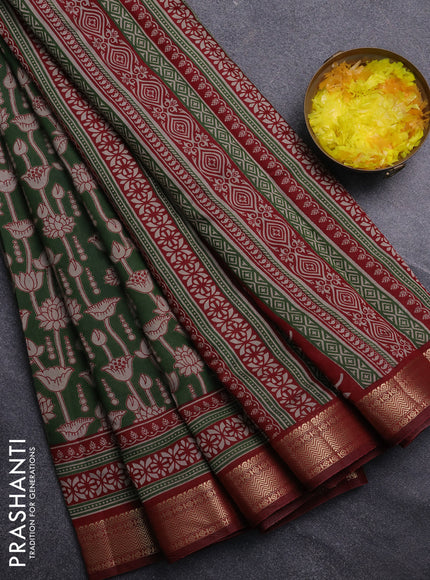 Semi maheswari cotton saree sap green and maroon with allover kalamkari prints and zari woven border