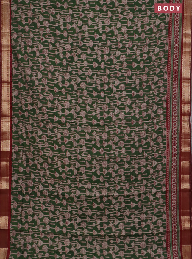 Semi maheswari cotton saree sap green and maroon with allover kalamkari prints and zari woven border
