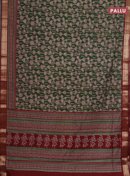 Semi maheswari cotton saree sap green and maroon with allover kalamkari prints and zari woven border