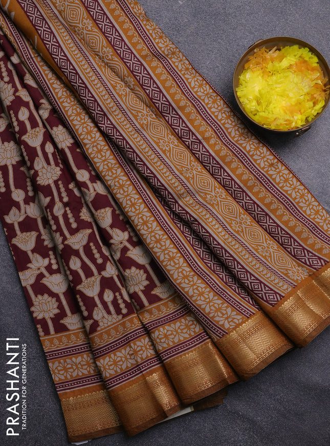 Semi maheswari cotton saree deep maroon and mustard yellow with allover kalamkari prints and zari woven border