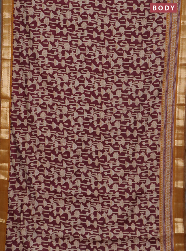 Semi maheswari cotton saree deep maroon and mustard yellow with allover kalamkari prints and zari woven border