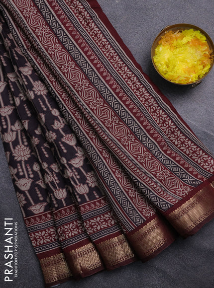 Semi maheswari cotton saree coffee brown and maroon with allover kalamkari prints and zari woven border