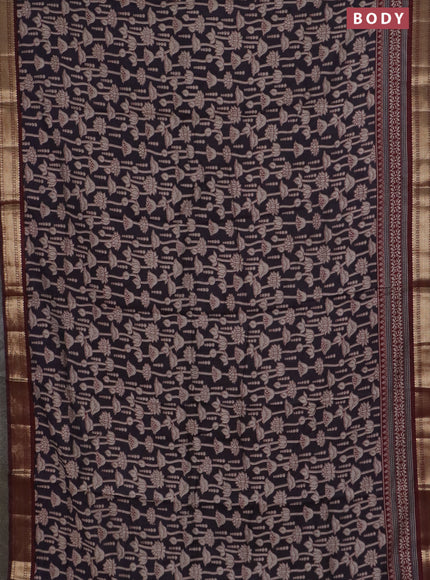Semi maheswari cotton saree coffee brown and maroon with allover kalamkari prints and zari woven border