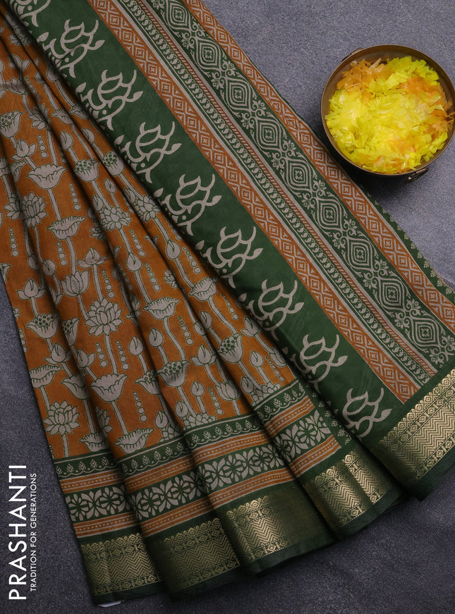 Semi maheswari cotton saree mustard yellow and sap green with allover kalamkari prints and zari woven border