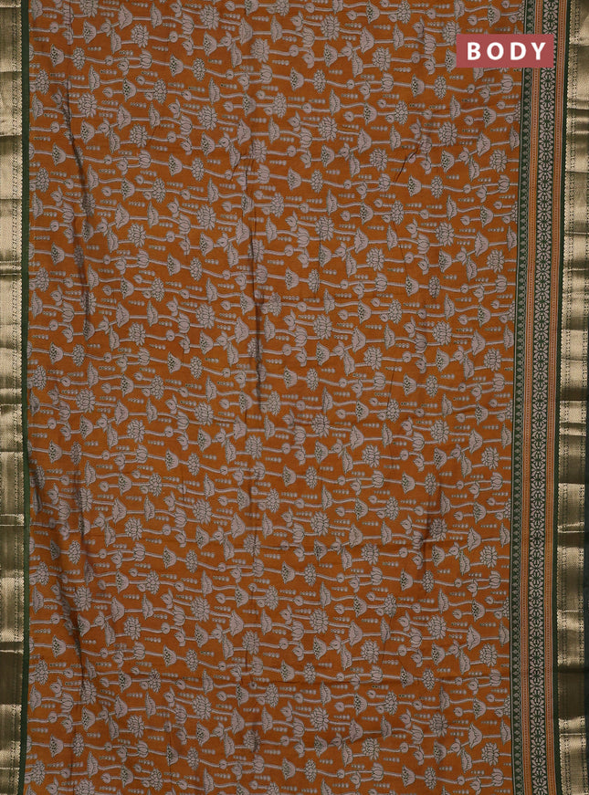 Semi maheswari cotton saree mustard yellow and sap green with allover kalamkari prints and zari woven border