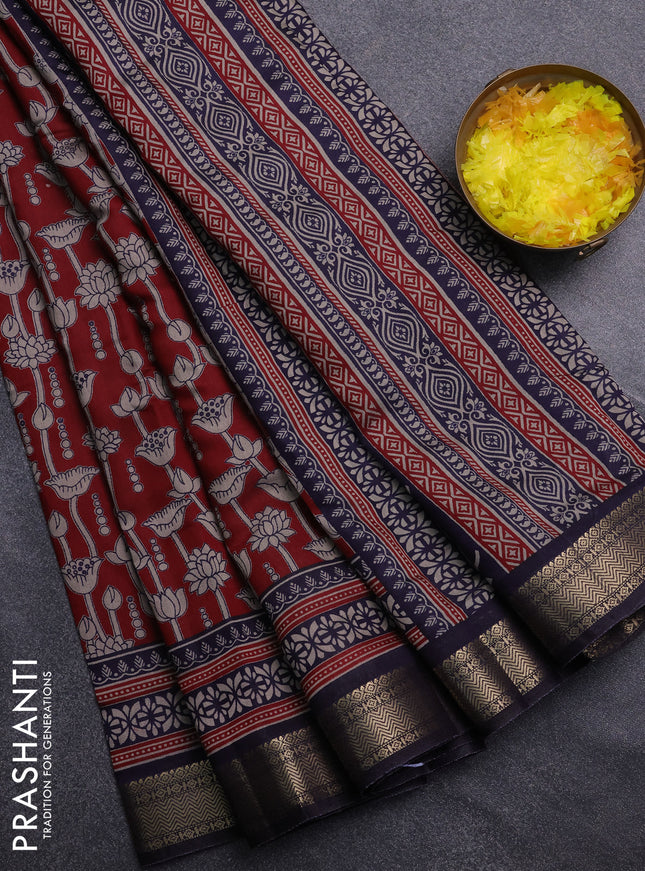 Semi maheswari cotton saree maroon and nany blue with allover kalamkari prints and zari woven border